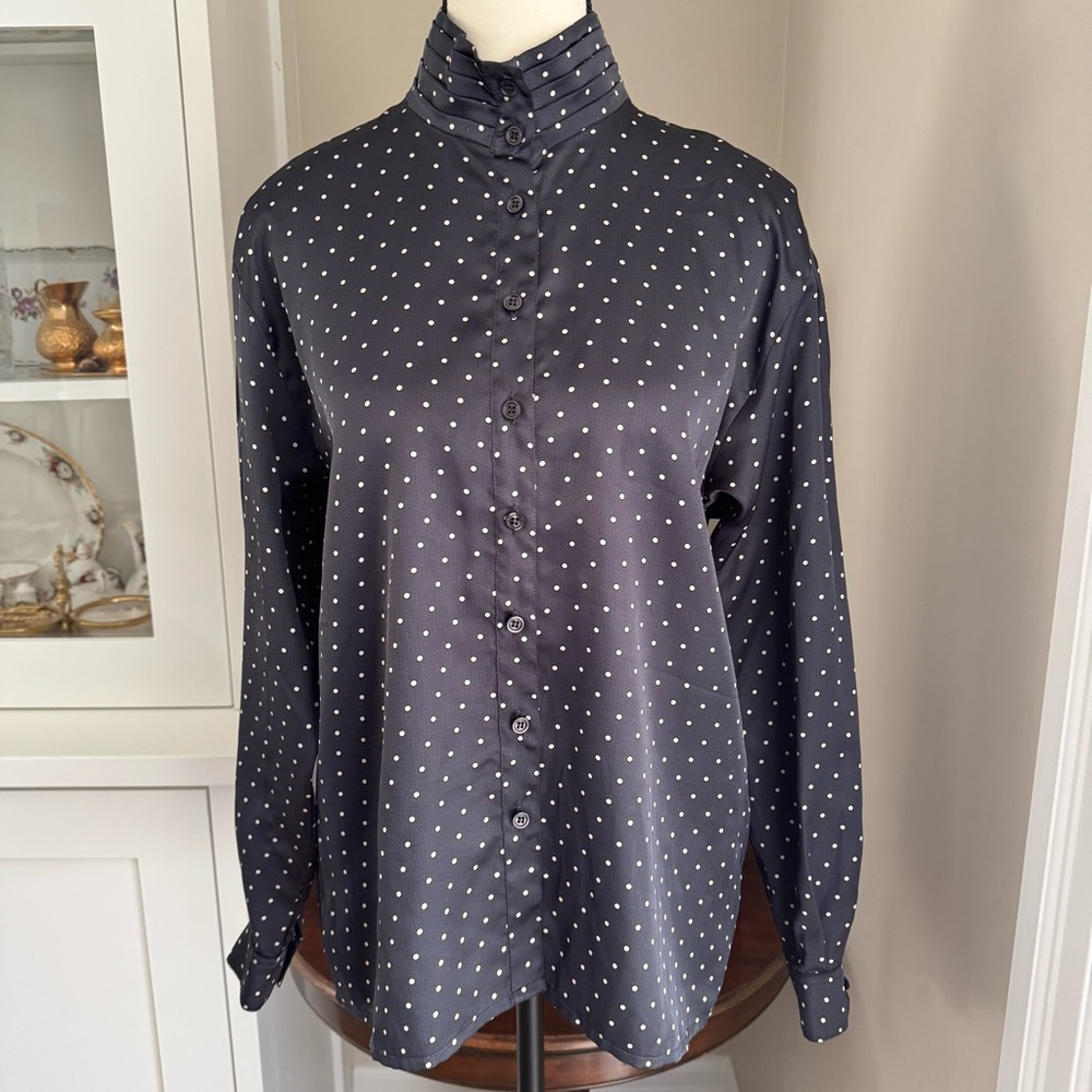 Vintage Jaeger Polka Dot High-Neck Blouse – Made in Great Britain (Fits S/M)